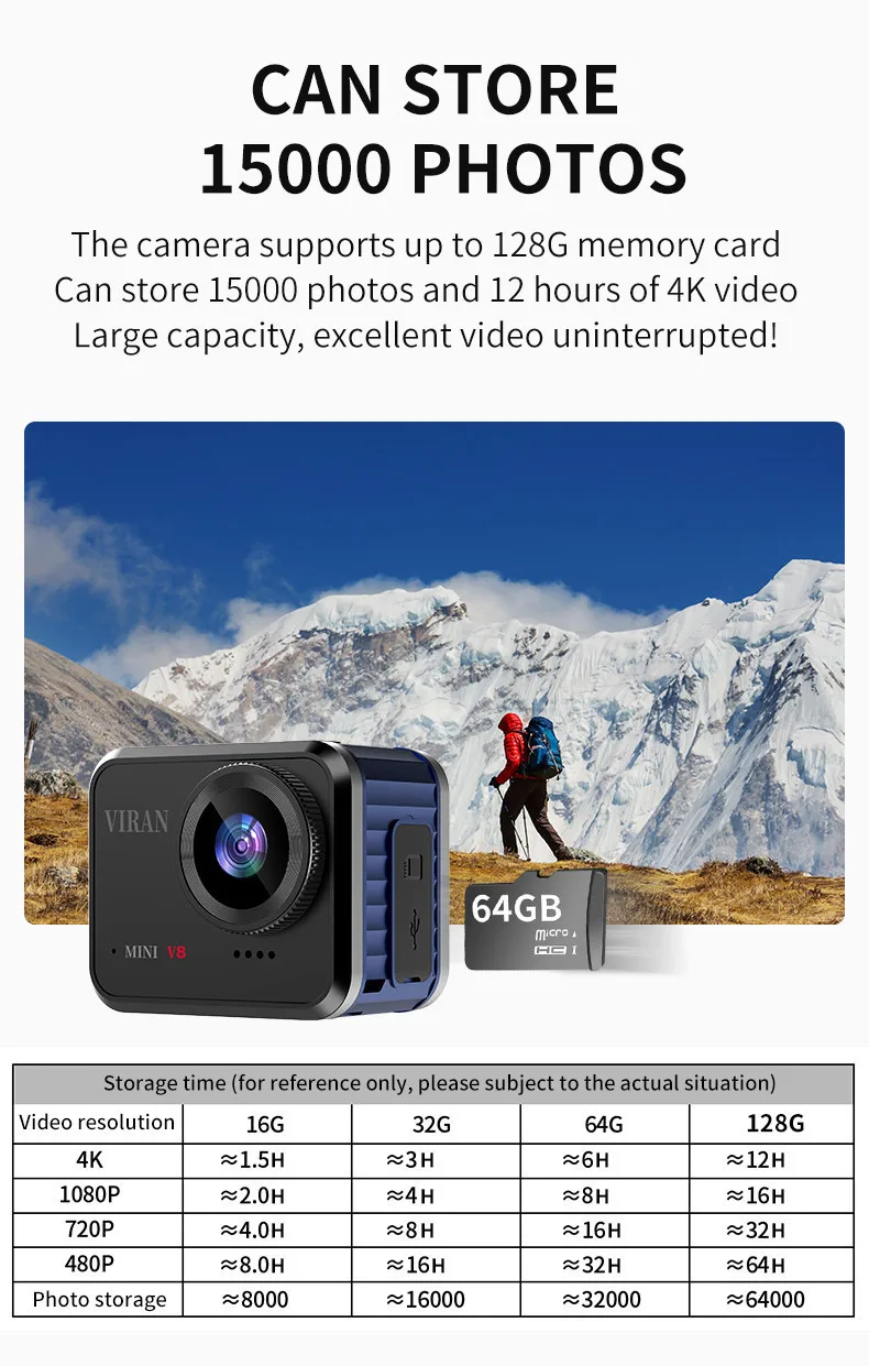 An action camera capable of capturing 4K ultra high definition videos and storing up to 1500 photos.