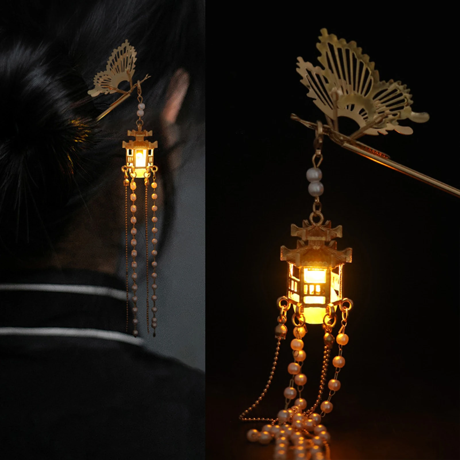 Leuchtende Blume Haarnadel Für Frauen Kreative Lotus Emittieren Licht Laterne Quaste Haar Stick Vintage Chinesischen Stil Metall Haar Zubehör – Detail 7