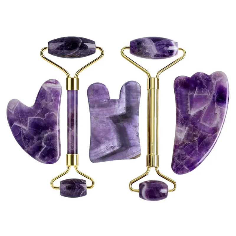 

Natural Amethyst Jade Roller Gua Sha Set Gouache Scraper Face Massager Facial Massage Roller Stone Anti Wrinkle Beauty Tool Gift