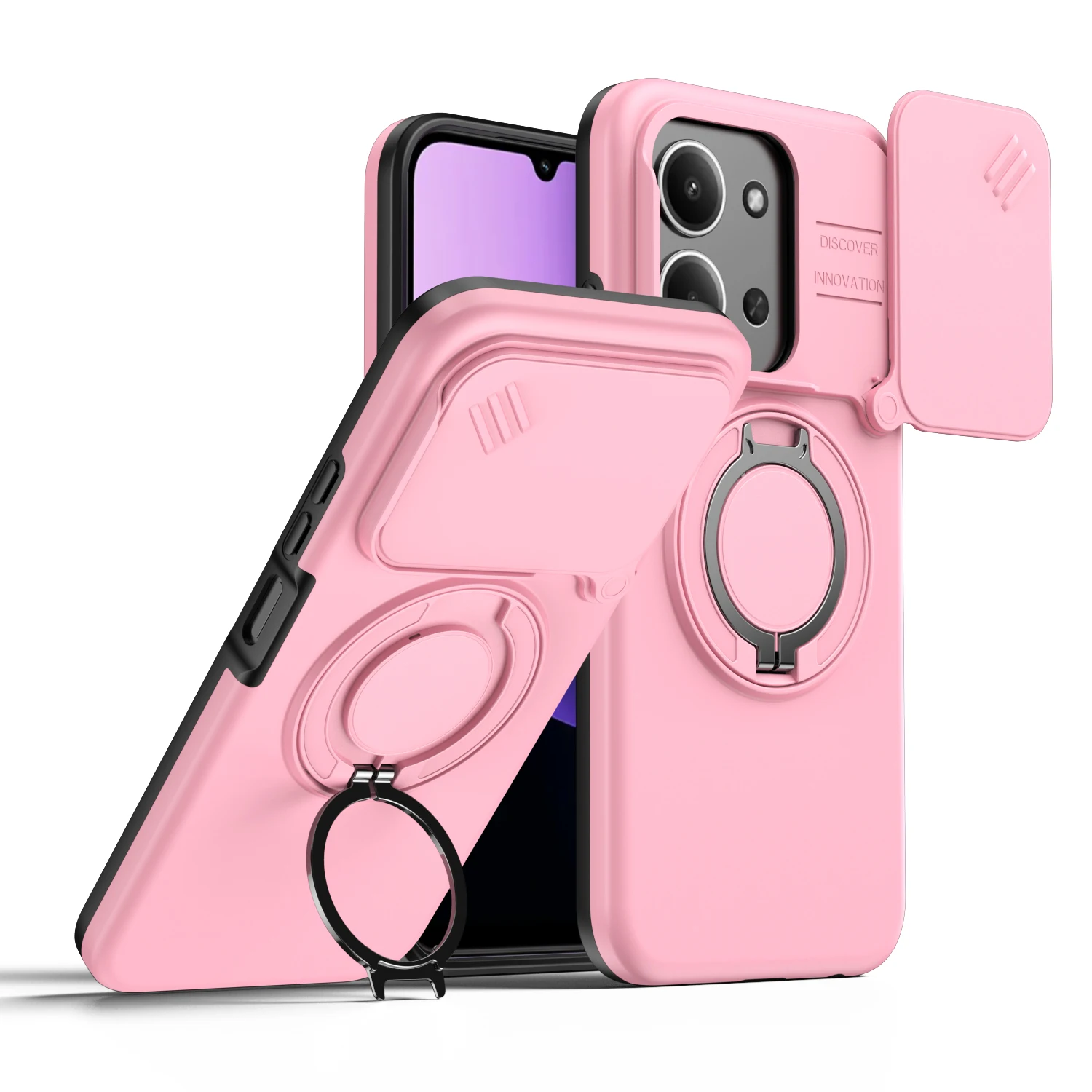 Shockproof Sliding Camera Cover Case with Metal Ring Stand and TPU Frame - Armor Series