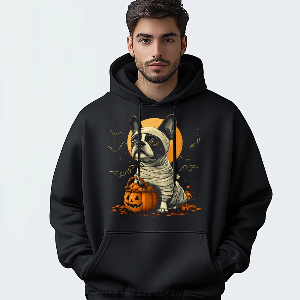 Graphic Mummy Boston Terrier Pumpkin Scary Printed Hoodies O-Neck Mans Hoodies long Sleeve VALENTINE DAY Printed Hoodies Mummy Boston Terrier Pumpkin Scary Halloween Dog Lovers