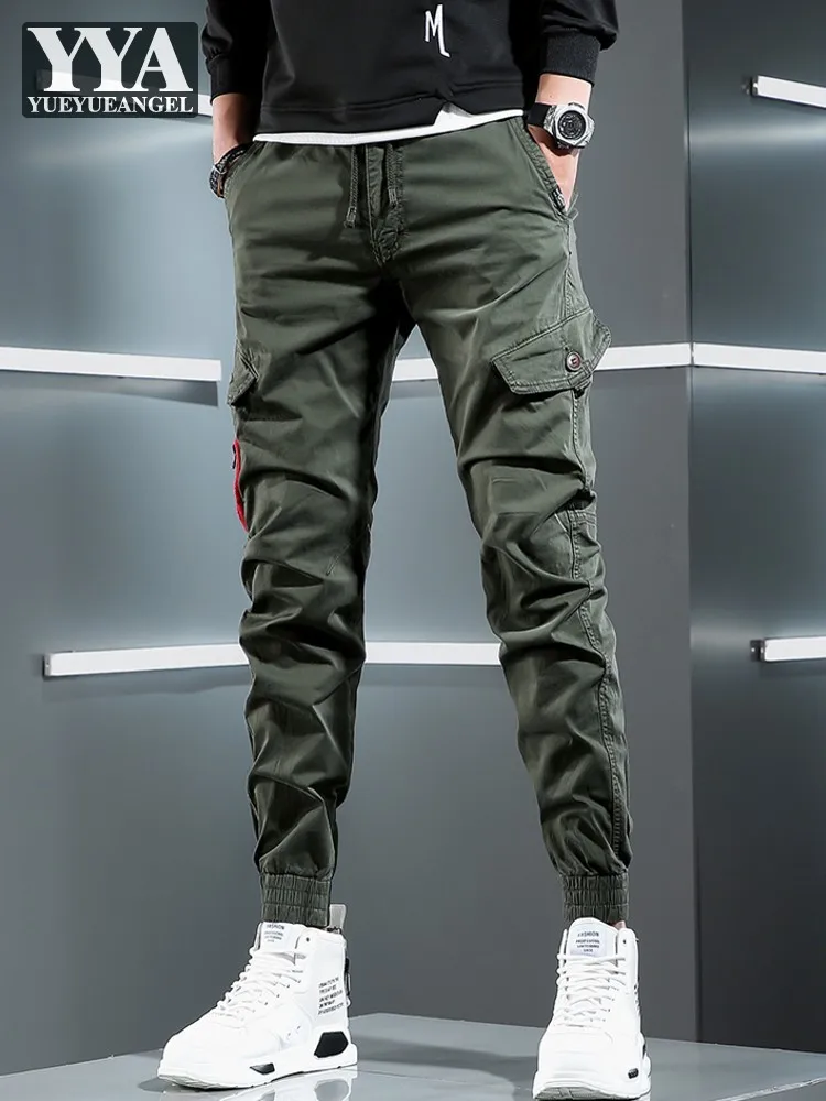 

Streetwear Trousers Men Casual Long Cargo Pants Spring Slim Fit Joggers Ankle Tied Pencil Pants Army Green Pockets Sweatpants