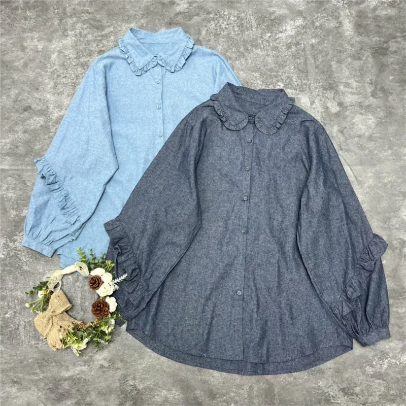 

Johnature 2023 New Japanese Mori Women Lace Doll Collar Long Sleeve Shirt Autumn Loose Vintage Cotton Linen Tops