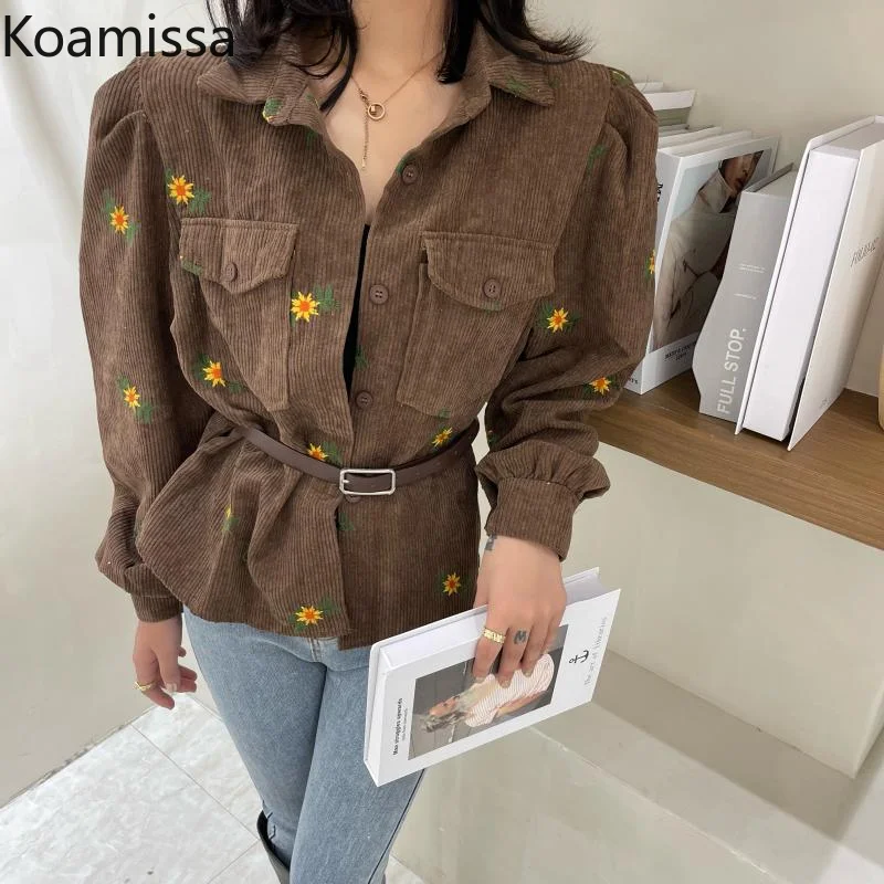 

Koamissa Vintage Women Embroidery Flower Fashion Blouse Spring Autumn 2022 Chic Korean Shirt Corduroy Floral Blusas Tops Outwear