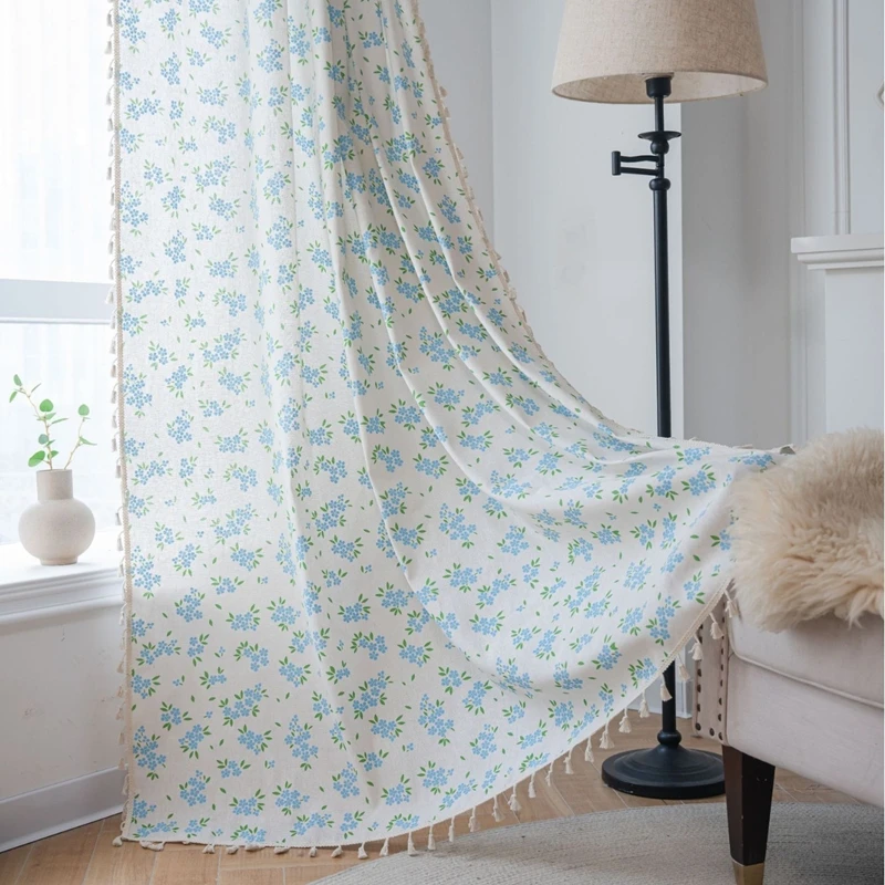

American Style Cotton Linen Curtain Finished Blue Flower Fringe Window Bedroom Valance Semi-blackout Decorative Curtains