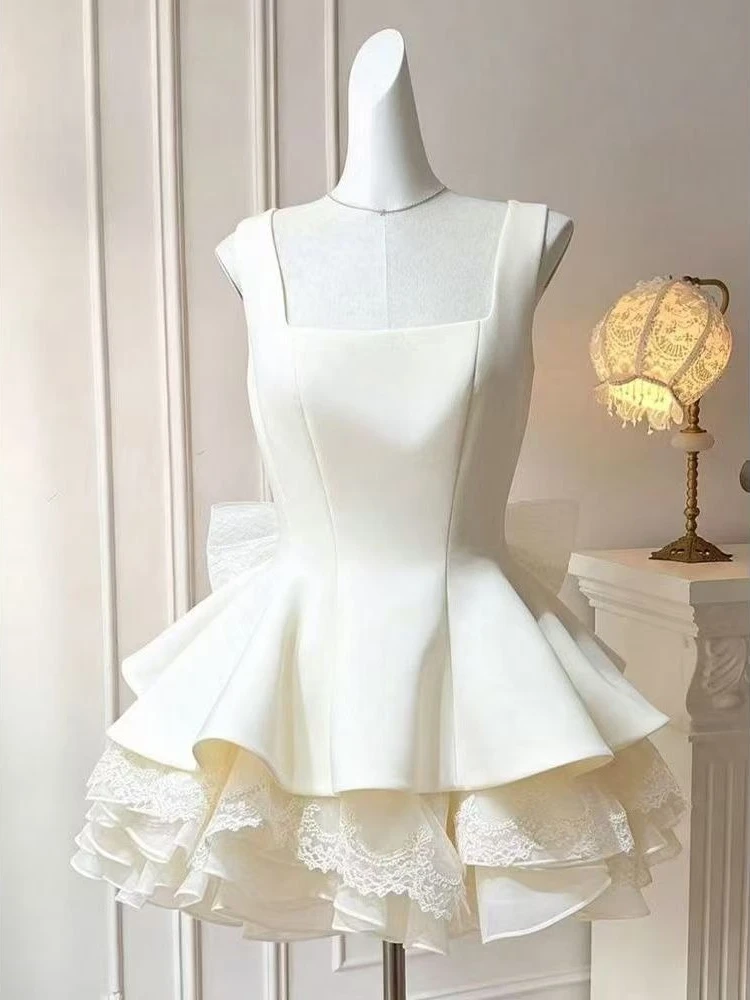 Abito Elegante di Lusso Francese da Donna, Vestito Slim in Pizzo con Fiocco Staccabile, Gonna a Palloncino Senza Maniche, Outfit Estivo Chic Coquette per Feste - immagine 3