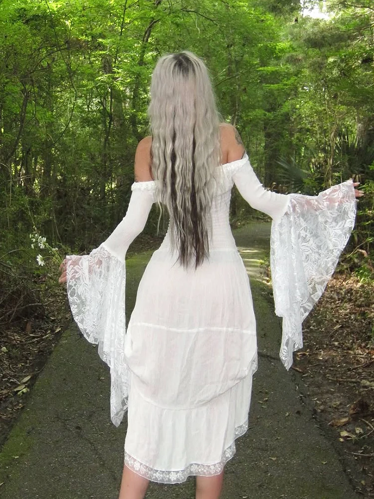 Nibber Slash Neck Dress Women Flare Sleeve Patchwork Lace Irregular Hem Crucifix Decoration Sweet Skinny Fashion Mini Bodycon