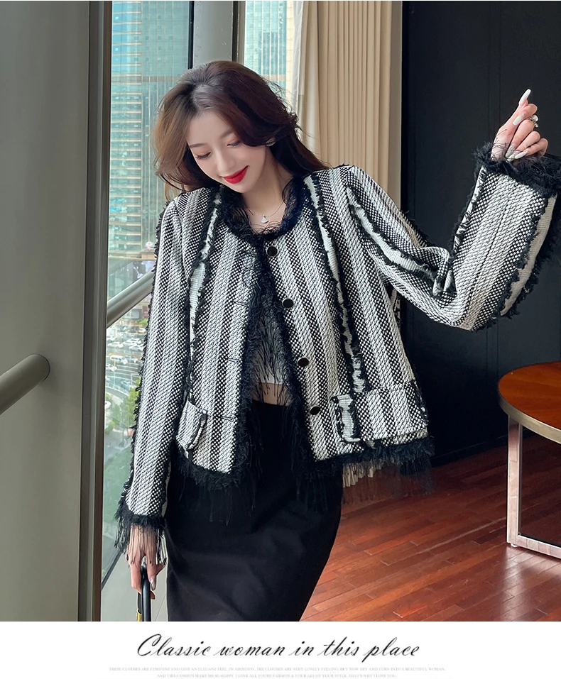 

DALMAZZO Fall Winter French Women's Single Breasted Tassel Short Coat Luxury Tweed Wool Jacket Elegant Pocket Design Top Outwear