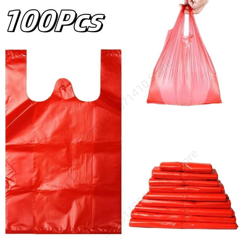100PcsRedVestPlasticBagDisposableRetailSupermarketGroceryShoppingBagTakeawayPackingBagKitchenCleanGarbageBag