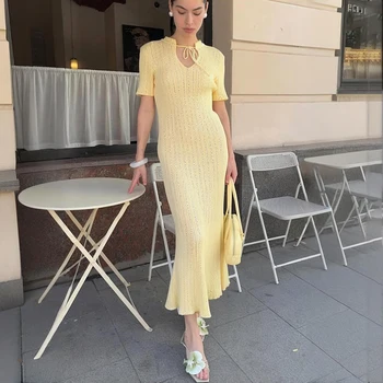 Tornova Retro Knitted Long Dress Female Short Sleeve Slim Hollow Retro Elegant Sweater Dress 2025 Summer High Waist Woman Dress 1