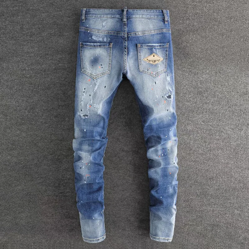 High Street Fashion Men's Elastic Tight Jeans Retro Blue Split Jeans Men's Designer Hip Hop Brand Pants
