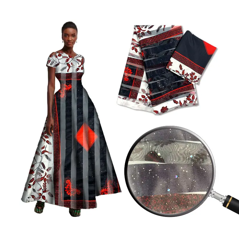 

African Silk Fabric for Women Dress, Shiny Sequin Ribbon, Silk Organza Material, 4 + 2 Yards