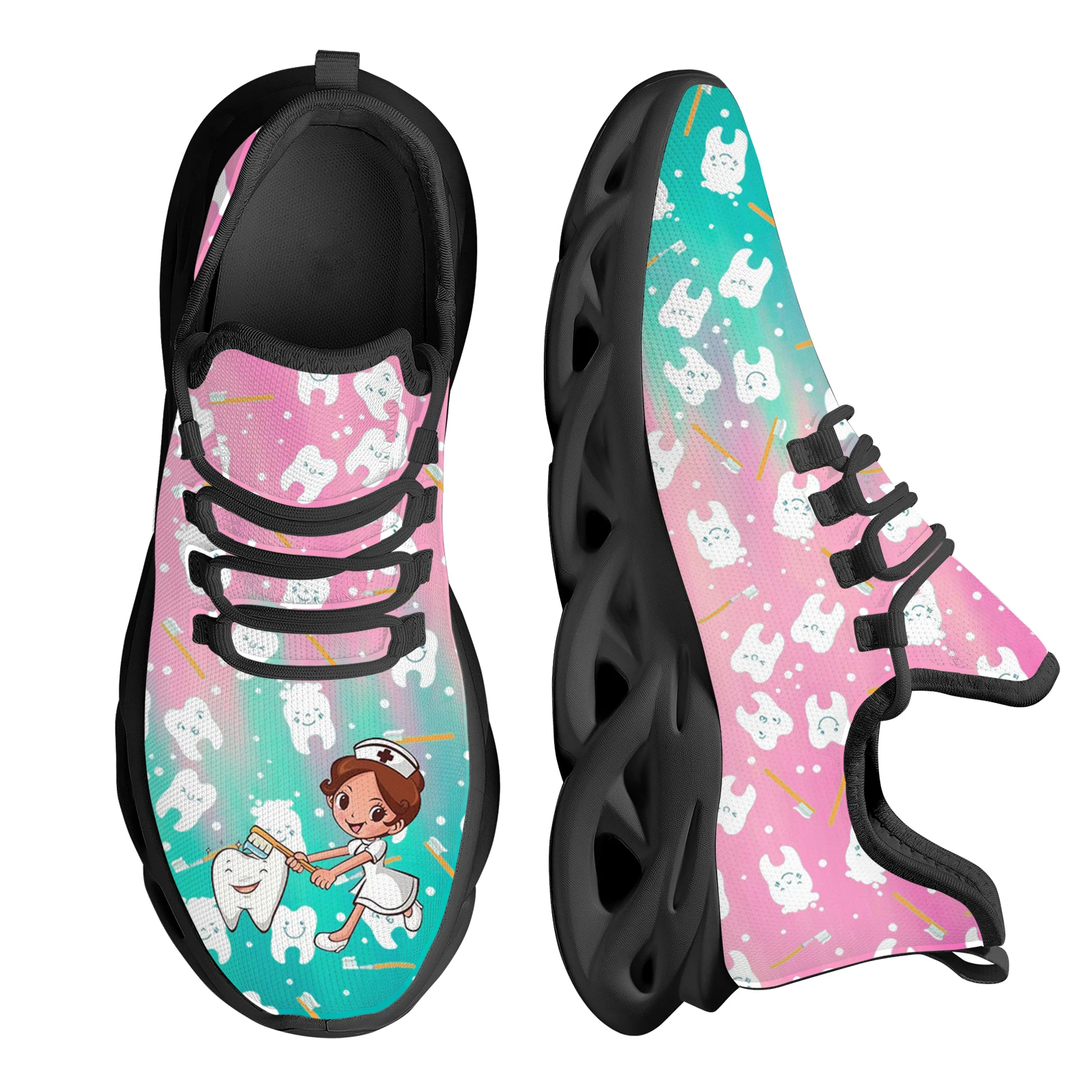 INSTANTARTS Cute Teeth and Nurse Pattern Mesh Sneakers for Women Breathable Non-Slip Platform Swing Shoes Ladies Casual Tennis