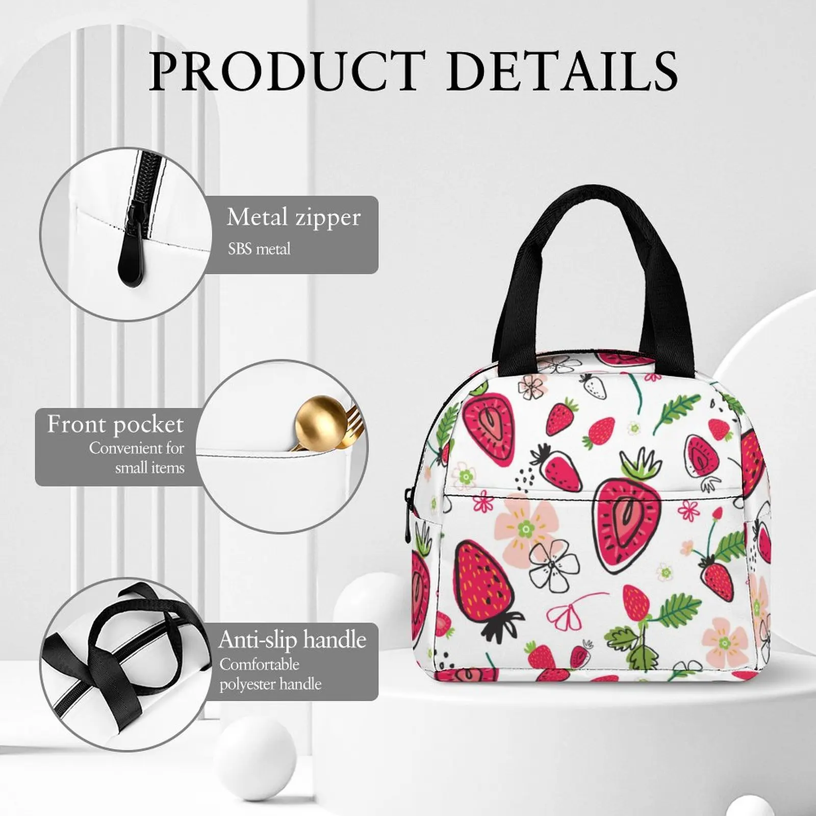 Custom Pattern Tote Lunch Bags for Women Print Colored Strawberry Portable Meal Bag Picnic Travel Breakfast Box Office School