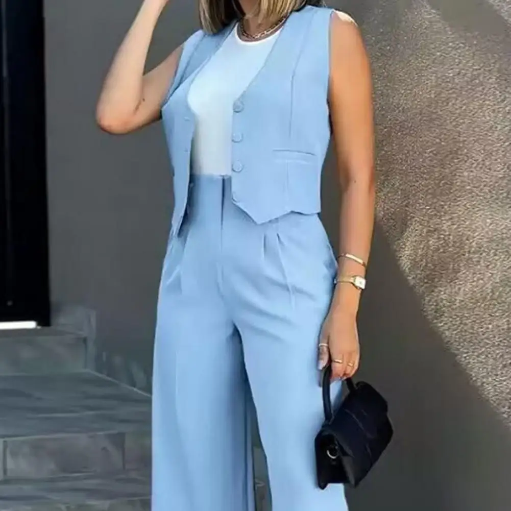 Women Chic Vest ＆ Pants Suit Two-Piece Set Formal Single-breasted Top Wide Leg Trousers Office Ladies Summer  Womens Outfits