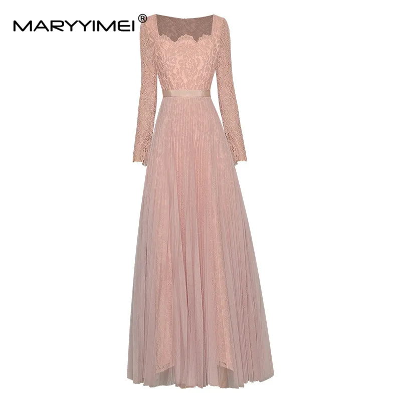 Maryyimei Designer Herbst Damenmode Kleid quadratischen Kragen Spitze lang ärmel ige Patchwork Mesh Plissee Kleider