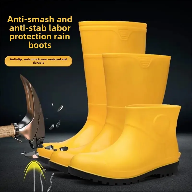 Bottes de pluie protection travail homme avec coque acier - Chaussures anti-écrasement anti-perforation
