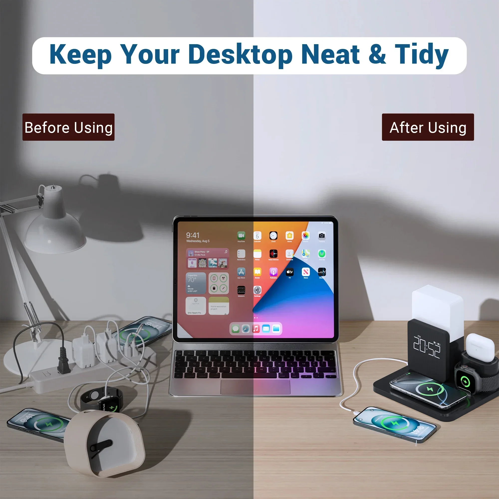 محطة شحن لاسلكية ثلاثية الوظائف بقدرة 15 واط مع سا...