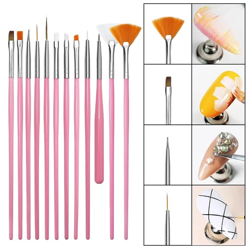 15Pcs Multifunctional Nail Art Brush Set - Line Stripes Carving Drawing Pens, UV Gel Painting Manicure Tools for DIY Salon