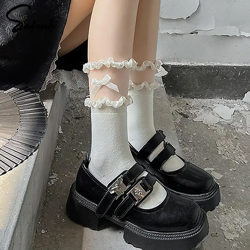

Женские носки до середины икры 1 пара, тонкие хлопковые носки JK Lolita с бантом, модные кружевные Прошитые милые Дышащие носки Y2K