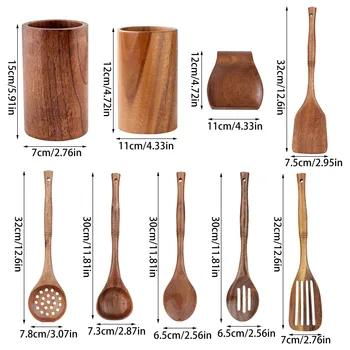 Wooden Kitchenware Cooking Utensils Set Non-stick Cookware Spatula Shovel Natural Teak Wooden Kitchen Cooking Tool Set 2024 6