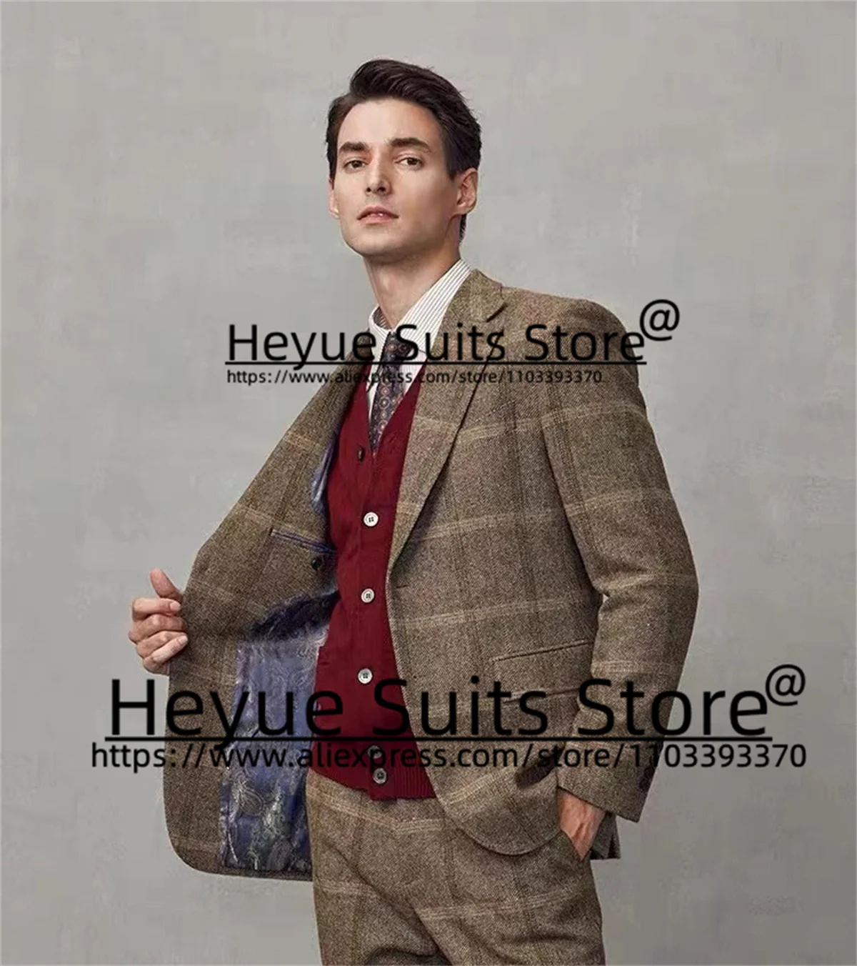 Luxuly Brown Plaid Wedding Suits For Men Slim Fit Notched Lapel Groom Wedding Tuxedos Prom2Pieces Sets terno masculinos completo