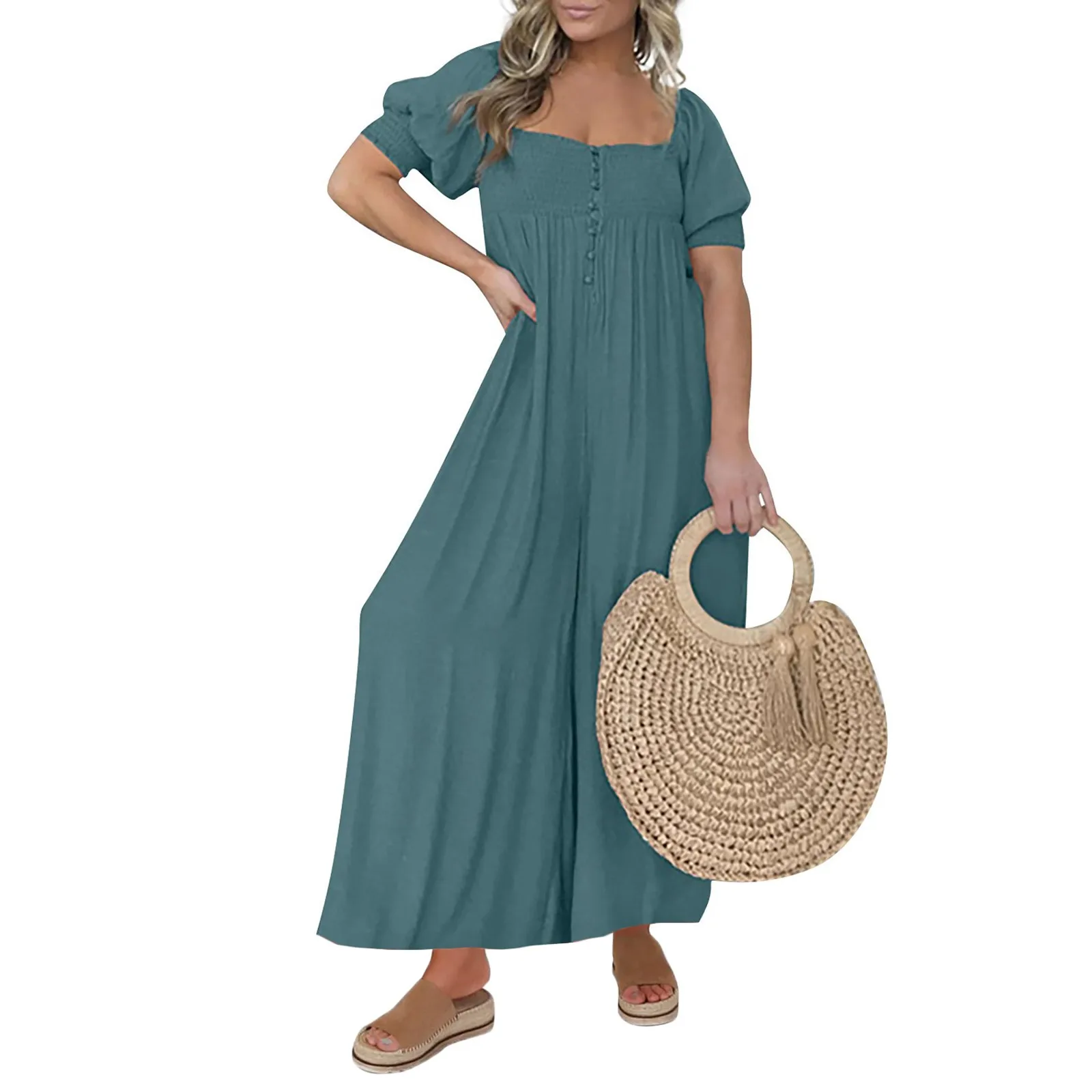 

Summer Wide Leg Pants Women High Waist Jumpsuit Sexy Square Collar Button Pleat Romper Spring Puff Short Sleeve Loose Overalls