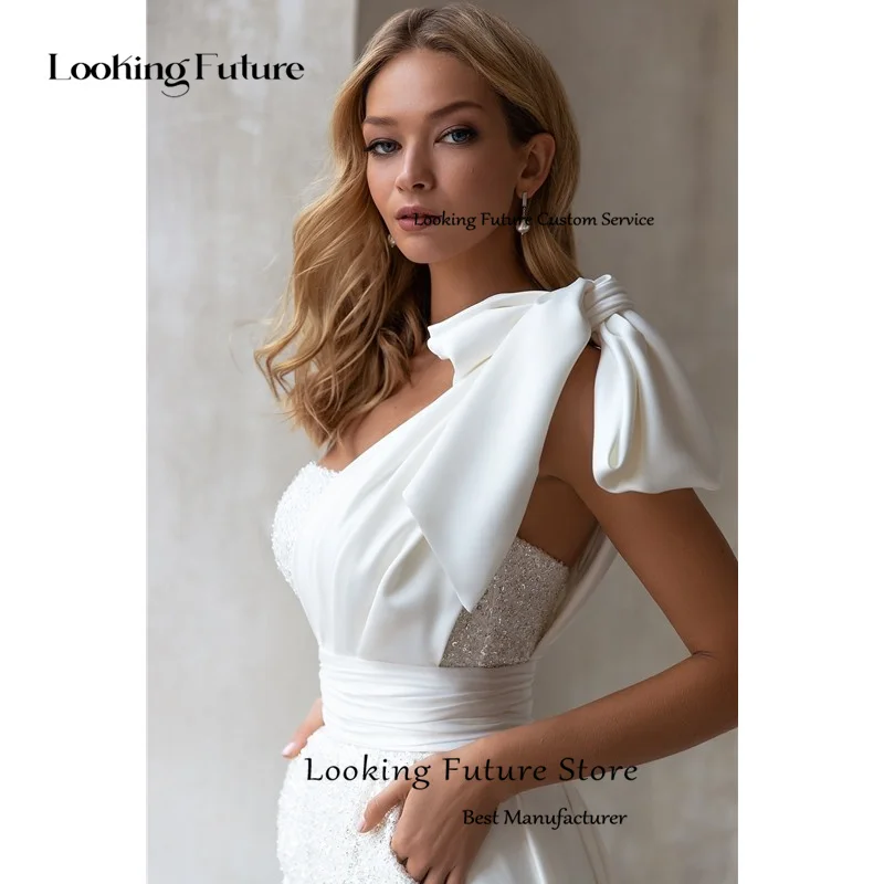 Luxury Sheath Mini Ivory Wedding Dress Simple Shiny Sequines Sexy Strapless One Shoulder Pleat Open Back Bridal Grown Customized 15 S1c9ed7ba21994dc8a22d49ccf3ca5f0ba