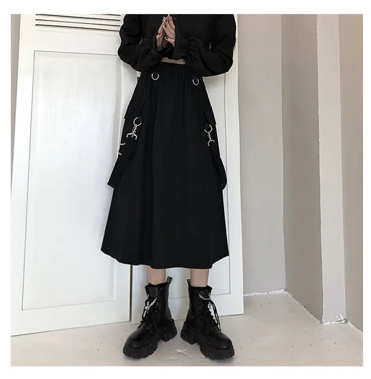 90s Solid Gothic Long Techwear Skirt Women Grunge Punk High