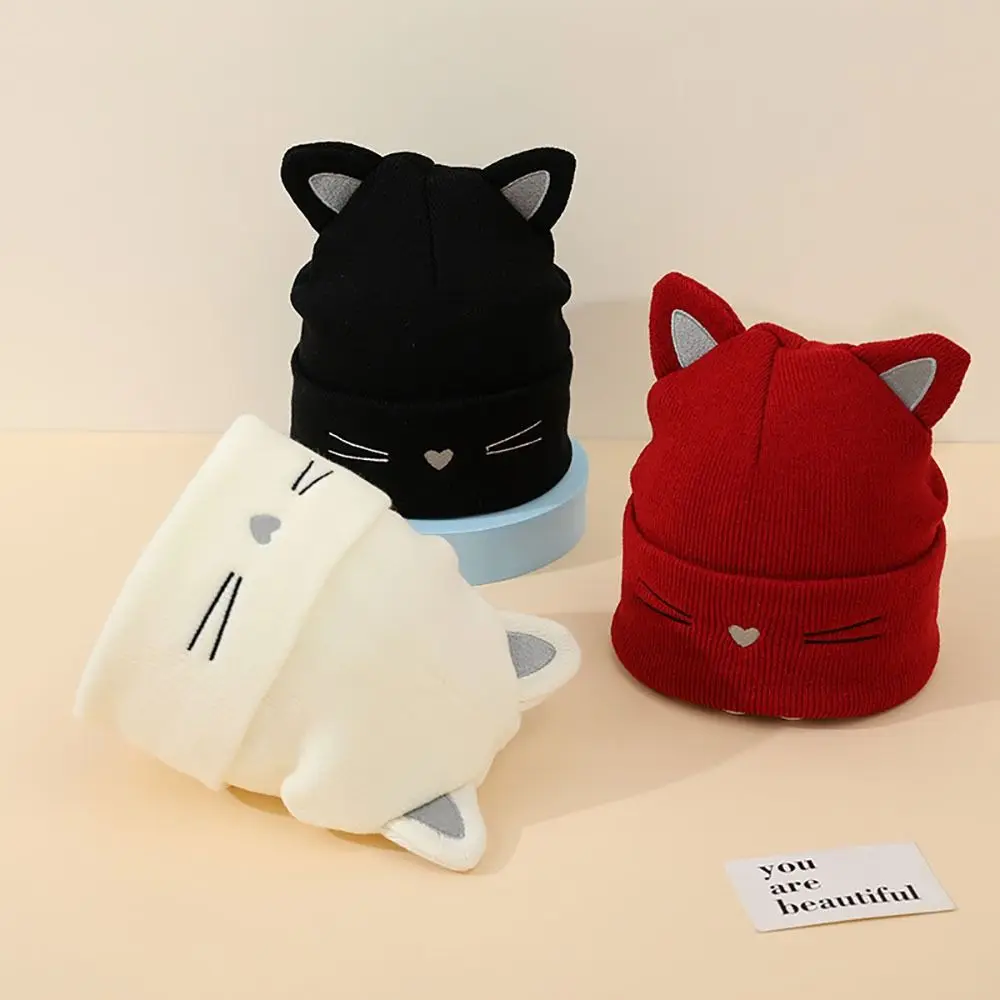 

Ear Protection Knitted Hats Fashionable Cats Embroidered Warm Wool Cap Windproof Elastic Beanie Cap Autumn Winter