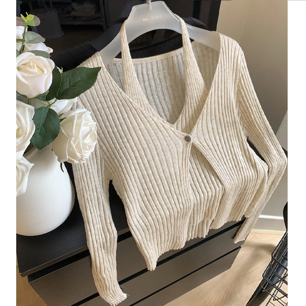 

Fashion Faux Two Pieces Knitted Woolen Sweater For Women Knitted Cardigan New European Chic Spliced V-Neck Elegant Ladies Wear