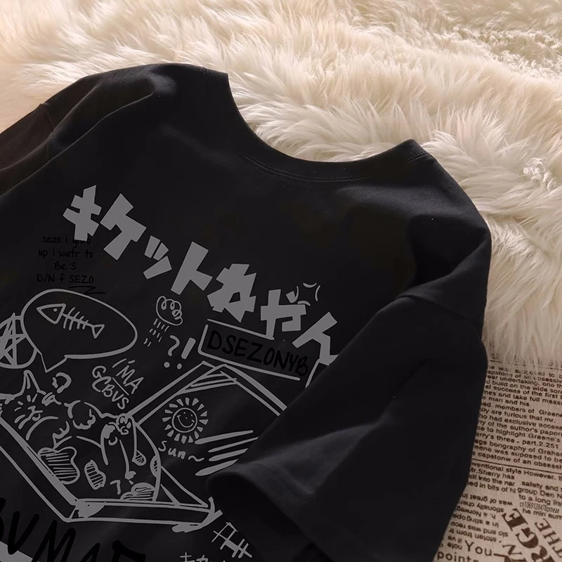 

Women T-Shirts Clothes Harajuku Couple Print Streetwear Cartoon T-shirt Female with Style Couple Loose Short-sleeved Y2k Tops