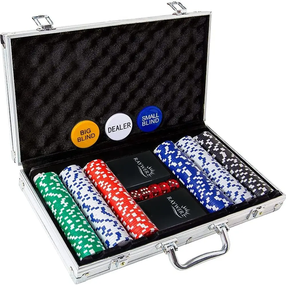 

300 pcs Casino Chip Set in Aluminum Case (11.5 Gram Chips) , 2 Decks of Cards, 5 Dice, 3 Buttons for Texas Holdem