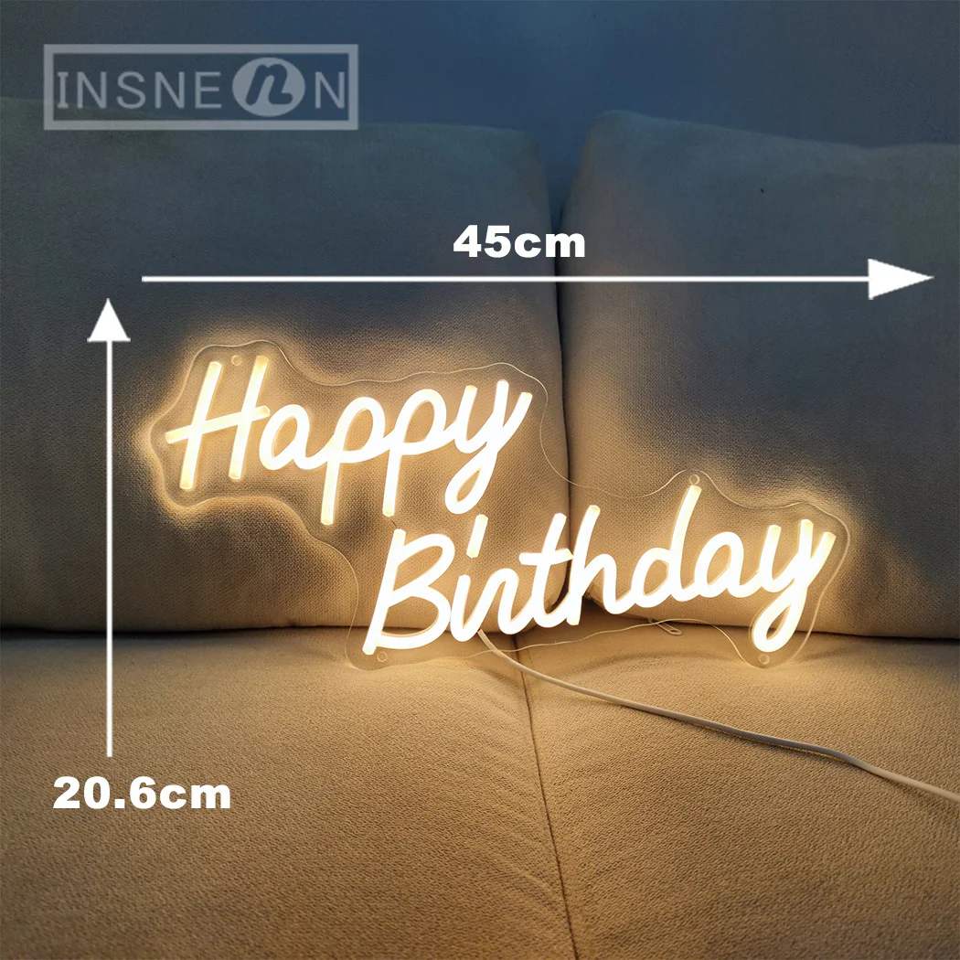 Insegna LED Neon 'Happy Birthday' Con Dimmer – Cartello Luminoso Bianco Caldo Per Decorazione Festa, Regolabile 10-100%, Alimentazione USB