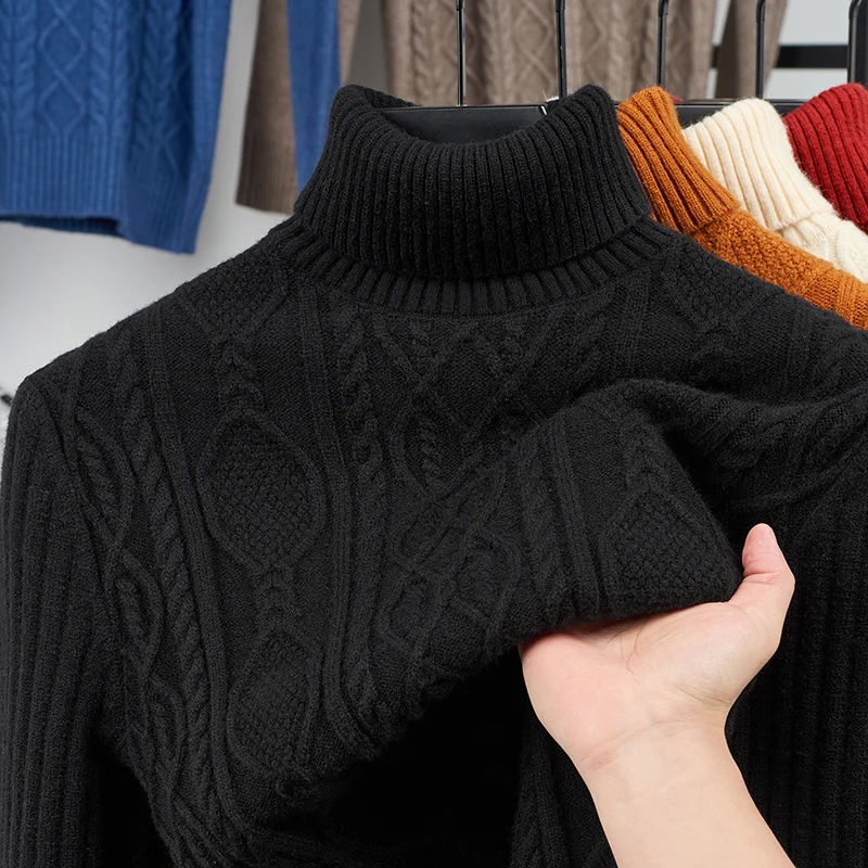 Trendy Balıkçı Yaka Erkek Kazak Kış Yeni Stil Yüksek Yaka Örme Kalınlaştırılmış Düz Renk Bükümlü Çiçek Desenli Yün Kazak Erkekler İçin