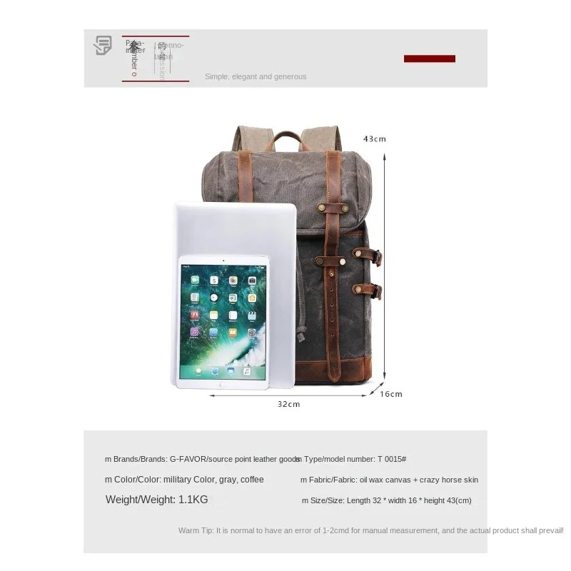 New Wax Canvas Bag with Genuine Leather Travel Outdoor Backpack Horseskin Men's Bag 3