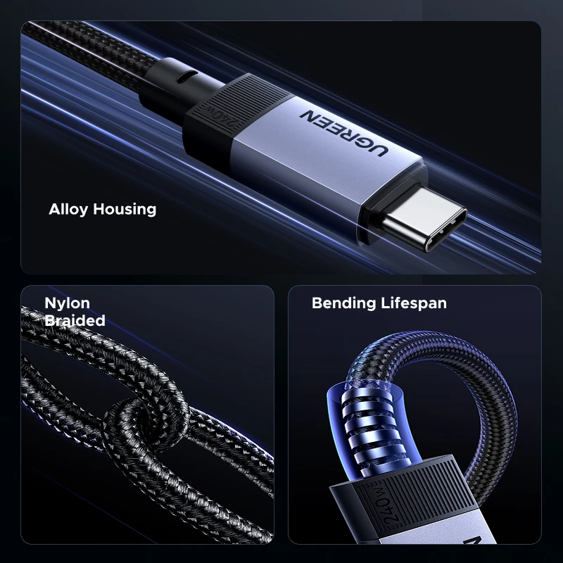 UGREEN 풀 기능 USB-C 케이블 PD3.1 240W USB3.2 10Gbps 데이터 전송 4K60Hz 비디오 출력 (모니터, 노트북, 맥북용) E-Marker