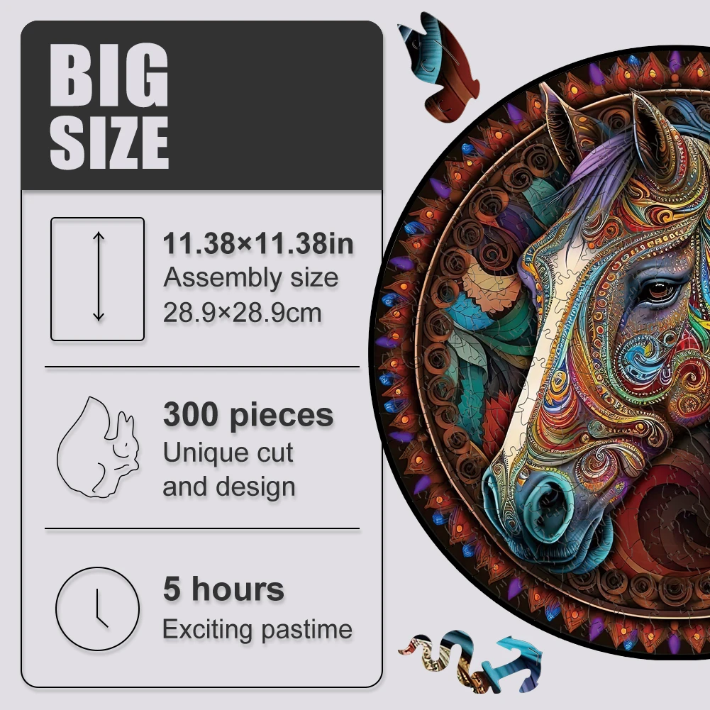 Wooden Puzzle Mandala Horse 3D Wood Jigsaw Puzzle Retro Toys Wooden Animal Puzzles Board Game For Adults Kids With Wood Gift Box 2