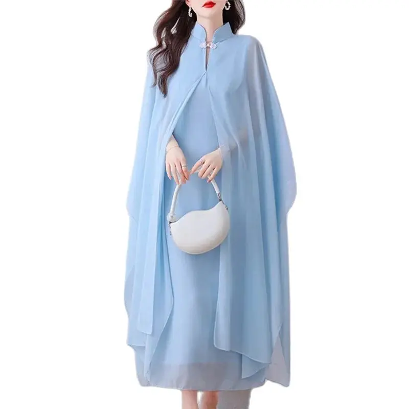 

TRAF Chinese style Elegant Cheongsam Chiffon Long Dresses Women Cloak Sleeve Mandarin Collar Solid Wedding Party Long Dress