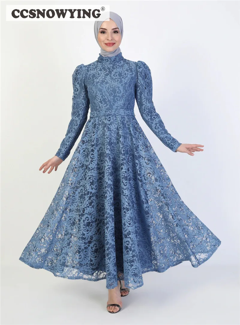 

Dusty Blue Lace Long Sleeve Muslim Evening Dress High Neck Hijab Formal Party Gowns Ankle Length Islamic Arabic Robes De Soirée