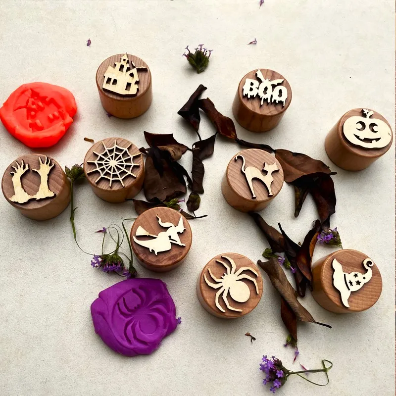 Wooden DIY Stamp Toy For Children Halloween Chirstmas Clay Stamps Handmade Toys Kids Art Painting Tool 6pcs