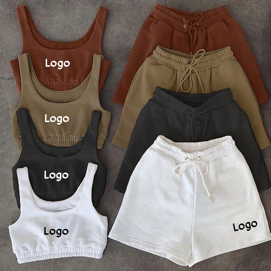 

Summer Womens Short Sleeve Two Piece DIY Logo Set Solid Color Athleisure Casual Outfits Tank Biker Shorts+Cropped Top Yoga Sets