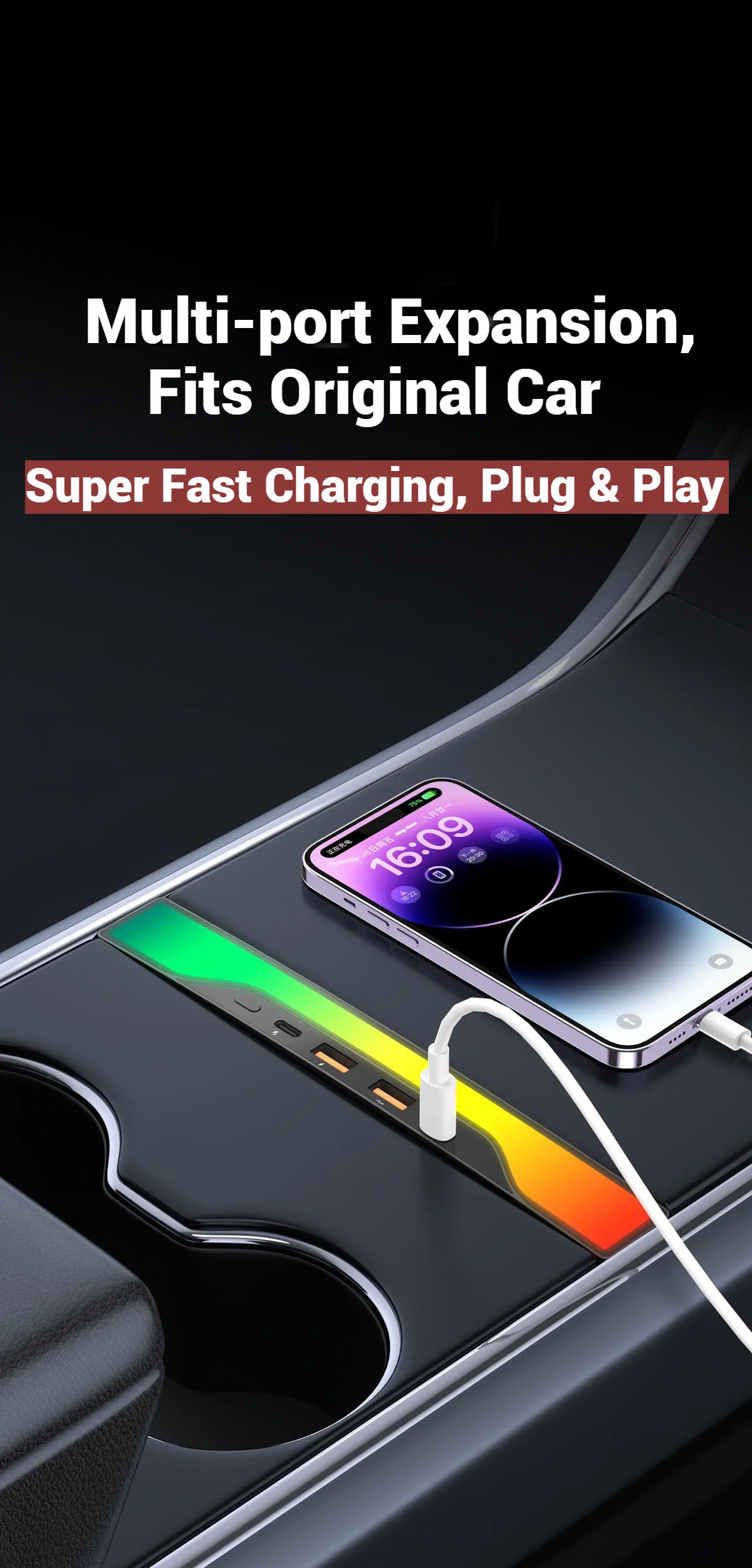 For Tesla Model Y&3 Accessories USB Hub 4-Port 27W Fast Charger Smart Docking St