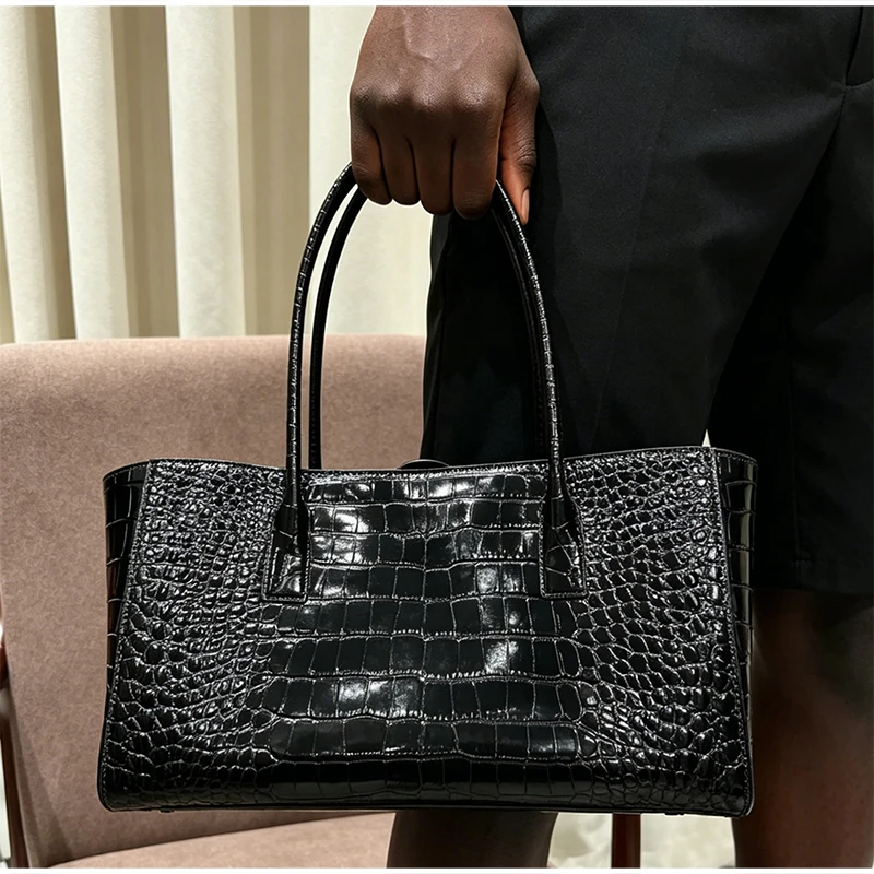 Luxury Crocodile Print Leather Bag, Vintage Green Large Capacity Handbag, Magnetic Buckle Clutch Casual Elegant Commuter Purse 4