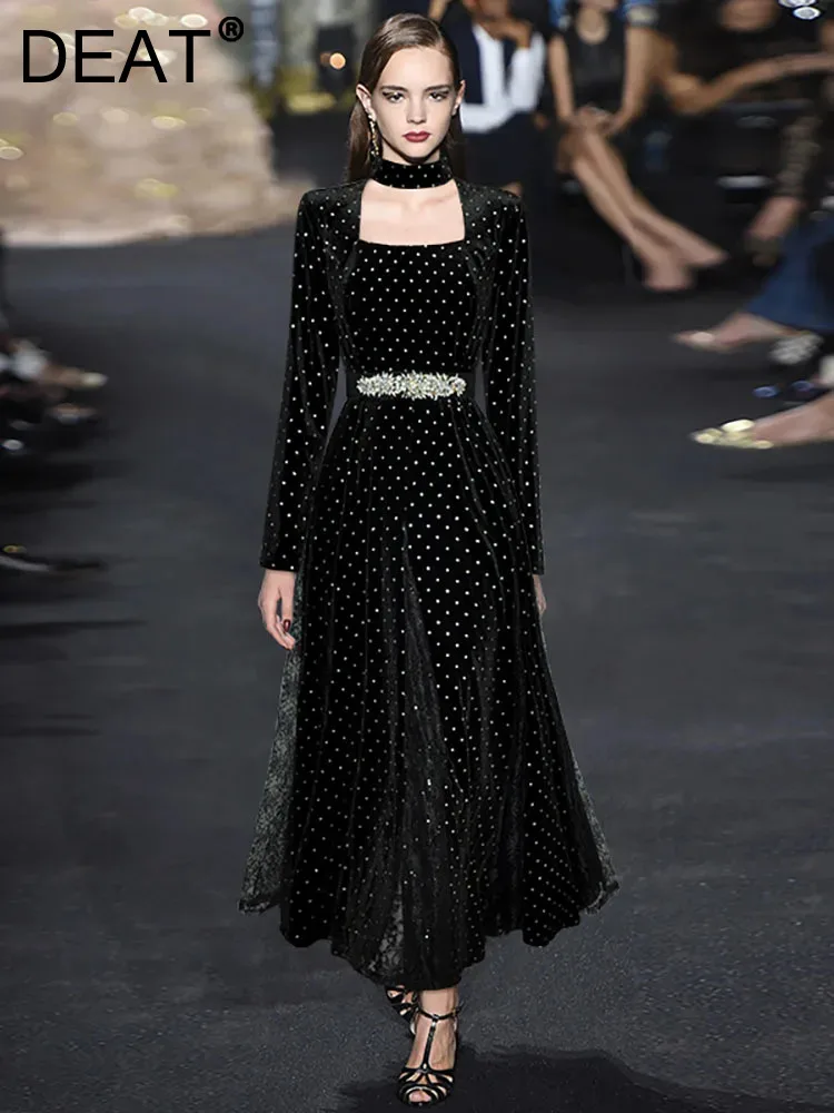 

DEAT Women's Fashion Evening Dress Patchwork Belt Wave Point Halter Collar Diamond Elegant Dresses Spring 2024 New 13DB4745