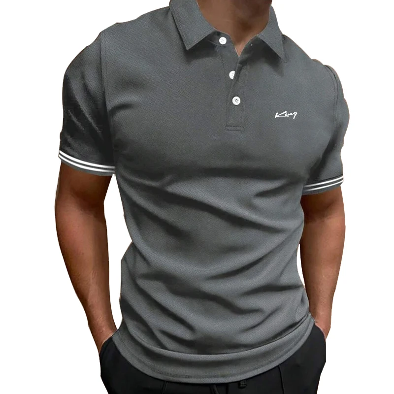 Polo da uomo a tinta unita con polsini a righe, colletto con bottoni, maniche corte, vestibilità slim, casual per tutti i giorni - immagine 3