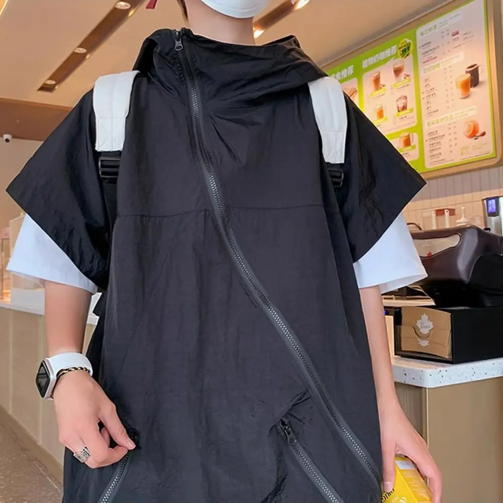 

Diagonal Zipper Vest Stylish Men's Sleeveless Hooded Vest with Diagonal Zipper Large Chest Pocket for Sun Protection Hip Hop