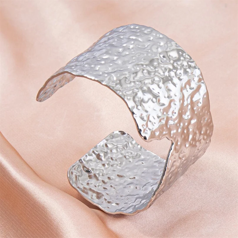 1Pc No Fade Textured Cuff Adjustable Aesthetic Bracelet For Women Stainless Steel Minimalist Hip Hop Wide Open Bangle Jewelry 4