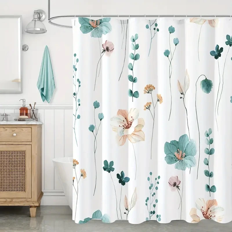 Modern Watercolor Floral Shower Curtain Set with Hooks-Waterproof and Minimalist Design for Bathroom 1pc shower curtains