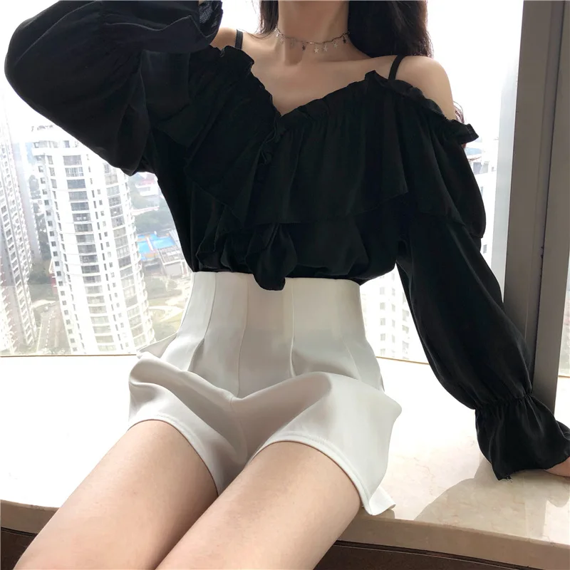 

Блузка женская шифоновая с открытыми плечами, пикантная однотонная Свободная рубашка на бретелях-спагетти, топ с расклешенными рукавами и оборками, Повседневная футболка, весна-лето